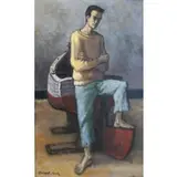 Robert Huck, Portrait of a man resting on a boat on stilts, Oil on Canvas