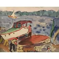 Samuel Grunvald, Scene showing men working on their boats, Watercolor on paper
