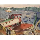 Samuel Grunvald, Scene showing men working on their boats, Watercolor on paper