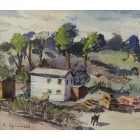 Samuel Grunvald, Scene showing a beach house, Watercolor on paper
