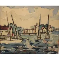 Samuel Grunvald, Scene showing docked boats, Watercolor on paper