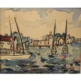 Samuel Grunvald, Scene showing docked boats, Watercolor on paper