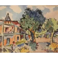 Samuel Grunvald, Scene showing a neighborhood, Watercolor on paper