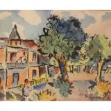 Samuel Grunvald, Scene showing a neighborhood, Watercolor on paper