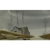 Robert Courjon, Shows boats docked on a stream with a house, Watercolor on Paper