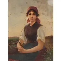 Peasant girl holding a basket by Eduard Tvon Grützner, Oil on wood panel, sold Jul 2022