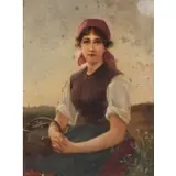 Eduard Tvon Grützner, Peasant girl holding a basket, Oil on wood panel