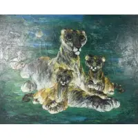 Darrel Austin, Beast family listening...1968, Oil on canvas of a Lioness and cubs