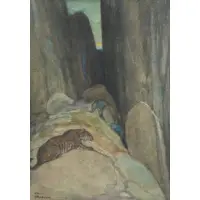 Paul Bransom, Tiger on Rocks, Watercolor
