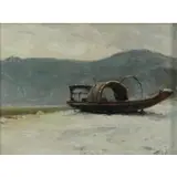 Zhang Wenxin, Boat on the Bank of the Wu River, 1984, Oil on board