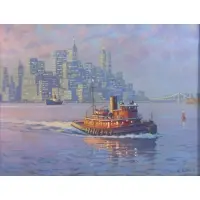 William Muller, Tugboat in New York Harbor, Oil on board