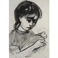 Ruth Schloss, Portrait of a Girl, Mixed media on paper