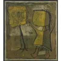 Ángel Botello, Figure with Tree, Linocut