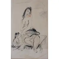 Jose de Creeft, Nude & Dog, Watercolor and Ink Signed lr center
