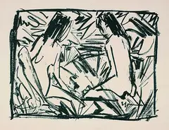 Ein kniendes und ein sitzendes Mädchen unter Blättern by Otto Mueller, 1920, Lithograph, sold May 2002