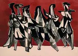 Hans Uhlmann, Ohne Titel (6 schwarze Figuren vor rotbraunem Grund)