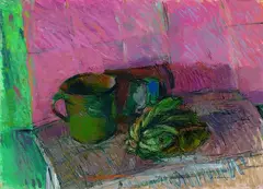 Gisela Bührmann, Stilleben mit Becher und Gemüse, 1985, Oil on canvas