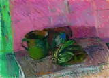 Gisela Bührmann, Stilleben mit Becher und Gemüse, 1985, Oil on canvas