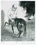 Johannes Grützke, 64 Bl.: Minotauros (15 Doubletten). Sitzender Mann (10 Doubletten). Erscheinung auf dem Feld (13 Doubletten). Raub (13 Doubletten). Schlafender (13 Doubletten), Etching
