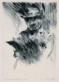 Lovis Corinth, Selbstbildnis radierend, Etching