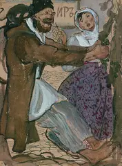 2 Bll.: Der betrunkene Mann kehrt heim by Elena Luksch-Makowsky, Gouache, sold May 2002