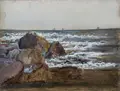 Robert Kummer, Felsige Küste, in der Ferne Segelschiffe (Schottland?), Um 1851, Öl auf Papier, auf Malpappe kaschiert, diese auf eine zweite Malpappe kaschiert