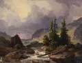 Friedrich Johann Christian Ernst Preller d.Ä., Gebirgige Flusslandschaft mit Tannen, Öl auf Papier, vollflächig auf kräftige Malpappe kaschiert