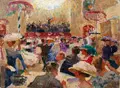 Johannes Mogk, Tanz in den Mai im großen Konzertsaal des Wintergartens in Chemnitz-Schönau (?), Um 1910, Öl auf Leinwand, auf Malpappe kaschiert