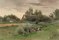 Eduard Emil August Leonhardi, Landschaft mit Mühle und Figuren, Aquarell