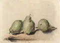 Siegfried Berndt, Drei Birnen beieinander. Wohl 1920er Jahre, Federzeichnung in Tusche, aquarelliert, auf Japan