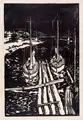 Siegfried Berndt, Boote am Blauen Wunder, Dresden / Allee / Bewaldete Landschaft / Alter Baum im Schnee / Karge Landschaft. 1910er-1920er Jahre, Fünf Holzschnitte auf Japan
