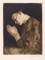 Käthe Kollwitz, Betendes Mädchen, 1892, Strichätzung, Kaltnadel und Aquatinta in Rotbraun auf chamoisfarbenem Kupferdruckpapier