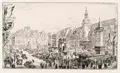 Walter Zeising, Marktplatz in Leipzig zur Messe mit Reklamebauten, 1929, Radierung auf Bütten
