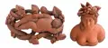 Lothar Sell, Mädchen mit Früchten / Schlafender Bauer, 1994, Zwei Keramiken, rotbrauner Scherben, unglasiert, frei aufgebaut, in den Tiefen partiell mit Manganoxid