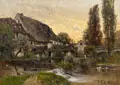Karl Buchholz, Weimar – Blick über das Ilmwehr zur Burgmühle. Frühe 1870er Jahre, Öl auf Leinwand