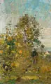 Rudolf Höckner, Spätsommertag mit Wanderer. Wohl 1920er/1930er Jahre, Öl auf Papier, verso mit Zeitungspapier hinterlegt