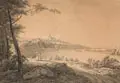 Adrian Zingg, Blick über die Elbe auf Briesnitz mit Kirche und Belvedere, Um 1800, Federzeichnung in Tusche, braun laviert, sparsam koloriert