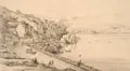 Achille Gigante, Strada nuova, 1842, Bleistiftzeichnung, partiell sparsam koloriert und weiß gehöht, auf ockerfarbenem Papier