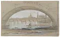 Woldemar Hottenroth, Blick auf Dresden von der Marienbrücke aus, Um 1860, Bleistiftzeichnung, sparsam aquarelliert und partiell weiß gehöht, auf grauem Papier