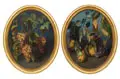 Louise Jousserandot, Stillleben mit Weintrauben / Stillleben mit Birnenquitten. Wohl nach 1859, Zwei farbige Pastellkreidezeichnungen (oval)