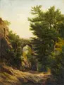 Gottlieb Moritz Julius Fiebiger, (zugeschr.), Prozession in einem Felsental mit der Ruine eines Wehrganges in der Sächsisch-Böhmischen Schweiz. Wohl 1850er/1860er Jahre, Öl auf Leinwand
