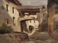 Adolph Heinrich Lier, Wirtshaus in Polling, Öl auf Papier, vollflächig auf Malpappe aufkaschiert