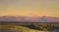 Robert Kummer, Schweizer Landschaft mit Alpenkette, 1875, Öl auf festem Papier, vollflächig auf eine beidseitig durch eine Faserplatte verstärkte Sperrholzplatte montiert