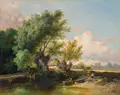 Dominik Schufried, Flussandschaft mit heimkehrenden Bauern, 1872, Öl auf kräftiger Holzpappe