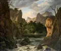 Wohl sächsischer oder thüringischer Maler, Heroische Landschaft mit Burgruine und felsigem Flusstal in der Art des Jacob Isaakszon van Ruisdael. 1820e by Johann Christian Reinhart, Öl auf Leinwand, sold Nov 2025