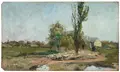 Franz Bunke, Schafherde am Dorfrand von Schwaan, Um 1890, Öl auf Holz