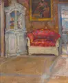 Ferdinand Dorsch, Das rote Sofa, Öl auf Malpappe
