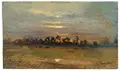 Louis Douzette, Darß – Blick über abendliche Wiesen, Wohl 1890, Öl auf Zedrelenholz (Westindische Zedrele, Zigarrenkistenholz)