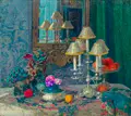 Charles Johann Palmié, Interieur mit Früchten und Kerzenständer. Um 1900– 1911, Öl auf Leinwand