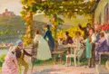 Max Pietschmann, Gesellschaft im Wirtshausgarten, Um 1930, Öl auf Malpappe